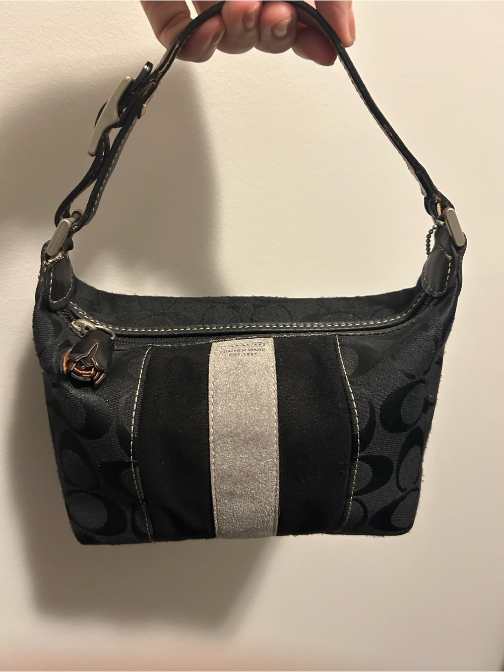 Coach Black hobo mini Bag with Silver Center Stripe